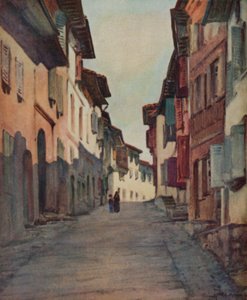 Baskerlandet: Gade i den gamle bydel, St Jean-Pied-de-Port (farve litho)