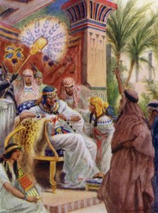 Moses og Aron foran Farao (farve litho)