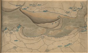 120.000. leveret. Orienteret med nord til bunden. Lettelse vist billedligt. Billedkort. Hummel -køb 1930, nr. 34. viser område langs Qiantang -floden, især sektionen af Hangzhou Bay i Zhejiang -provinsen. Tilgængelig også via biblioteket o
