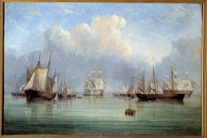 Marineskibe og sejlbåde fortøjet. Maleri af Arthur Wellington Fowles (1815-1883) Orleans Museum of Fine Arts fra det 19. århundrede