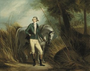 En gentleman på vildsvinejagt i et indisk landskab (olie på lærred) af Arthur William Devis
