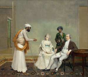 Portræt af dommer Suetonius Grant Heatly og Temperance Heatly med deres indiske tjenere, i et interiør i Calcutta, ca. 1786