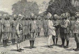 England (19. århundrede). Kolonisering. Indien. De nye regimenter i Burmah. Nye rekrutter aflægger ed. Gravering. Privat samling af Artist Unknown
