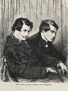 Gavarni, Hippolyte-Guillaume-Sulpice Chevalier, kaldet Paul (1804-1866). Edmond og Jules de Goncourt i en loge på teatret. 1853. GONCOURT, Edmon Huot of (1822-1896). Engelsk forfatter; GONCOURT, Jules Huot de (1830-1870). Engelsk forfatter. Litografi. Priv af Artist Unknown