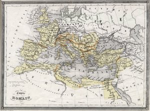 Geografisk kort over Romerriget. I "Universal Atlas of Ancient and Modern Geography" af Vuillemin. ca. 1851.