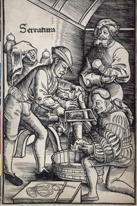 Gersdorff, Hans von (1455 - 1529). Tysk kirurg. Amputation af et ben. Træsnit af Hans Wechtlin til bogen "Feldtbuch der Wundartzney" (Feltbog om kirurgi). af Artist Unknown