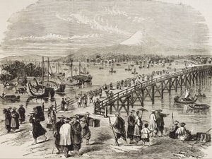JAPAN (C19th). Byen Edo, krydset af Toniak-floden. Gravering. Privat samling af Artist Unknown
