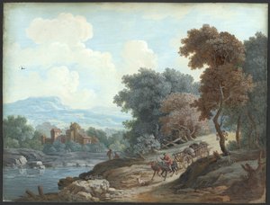 Landscape with a River (akvarel og bodycolour på papir) af Artist Unknown