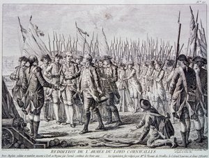 Lord Corwallis overgivelse af den britiske hær ved Yorktown (gravering) af Artist Unknown