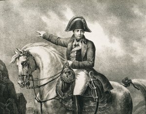 NAPOLEON I Bonaparte (1769-1821). Fransk militærmand og politiker, kejser af Frankrig (1804-1815). Detalje af et rytterportræt af Napoleon, inspireret af det originale portræt af Joseph Chabord. Gravering af Artist Unknown