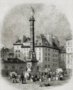 Paris. Vandsælgere foran springvandet på Place Chatelet (gravering) af Artist Unknown