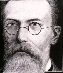 Portræt af Nikolai Andreevich Rimsky-Korsakov (radering) af Artist Unknown