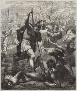 Repræsentation af Pelage, den sejrende konge af Asturien, der triumferer over saracenerne, 719, Covadonga, Spanien"