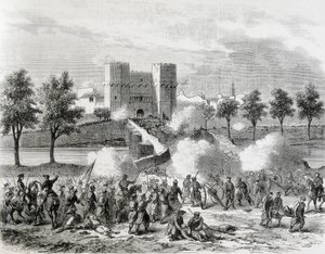 Spanien (1868). Den glorværdige revolution. Regeringstroppernes angreb på Serrans-porten i Valencia. Gravering fra "The Illustration. Jorinal Universal". Ætsning af Artist Unknown