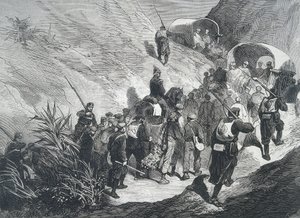 Spanien. Den tredje carlistkrig. Carlist-fanger går over bjergene i Emporda (Catalonien). Gravering. af Artist Unknown