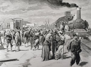Spanien. Tredje carlistiske krig. Afgang af en frikorpsbataljon mod Carlisterne fra Barcelona. Billede fra "La Ilustracion espanola y americana" (8. april 1873). Gravering af Artist Unknown