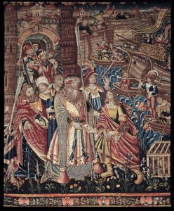 Den portugisiske søfarer Vasco de Gama (1459-1524) ankom til Calicut i Indien i 1498, detalje, billedtæppe af Artist Unknown