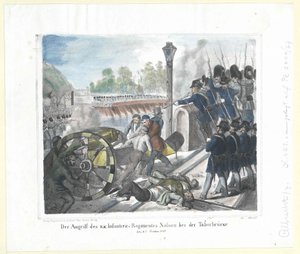 Angrebet fra det k. k. Infanteriregiment Nassau ved Taborbruecke (Taborbroen) den 6. oktober 1848 af Artist Unknown