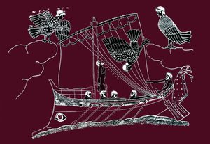 Odysseus og havfruerne forsøger at tiltrække sømændenes skib. Odysseus sætter sig fast på måtten på sin båd og tager sine ledsageres ører i munden. Tegning fra et maleri på vase. af Artist Unknown