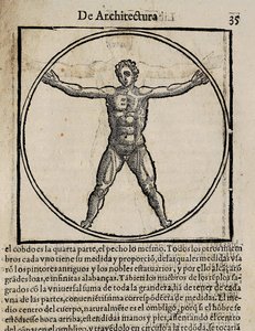 VITRUVIUS, Marcus Vitrubius Pollio (1. århundrede f.Kr.). "De Architectura" (Om arkitektur), med oversættelse til spansk af Miguel de Urrea. Redigeret i Alcala de Henares af Juan Gracian (1582). Illustration af side 35 med menneskekroppens kanon. Xylografi af Artist Unknown
