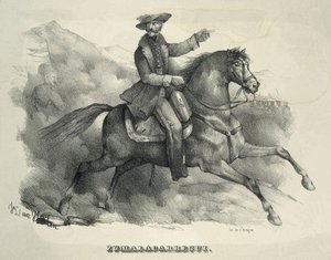 ZUMALACARREGUI, Tomas (1788-1835). Carlist-general. Spanien. Første carlist-krig. Zumalacarregui rider på en hest. Gravering. af Artist Unknown