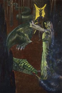 Jason ser Medea lægge dragen, der vogter den gyldne fleece, i søvn (farve litho)