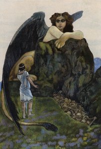 Ødipus og sfinksen (farve litho)