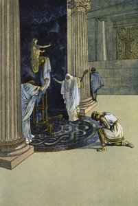 Orestes bliver beordret af Apollo til at tage til Tauris og bringe statuen af Artemis til Athen (farve litho) af Artus Scheiner