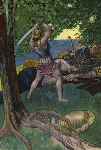Perseus skærer hovedet af Medusa (farve litho)