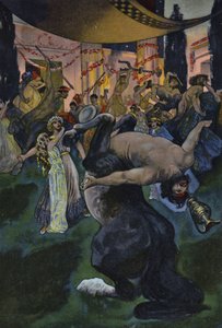 Satyrer, der forstyrrer bryllupsfesten for Orpheus og Eurydice, scene fra Orpheus in the Underworld (farve litho) af Artus Scheiner