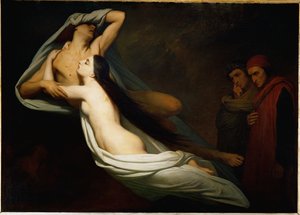 Skyggerne af Francesca da Rimini og Paolo Malatesta viser sig for Dante og Vergil ... af Ary Scheffer