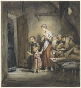 Syg mand i sengen med kone og to børn ved siden af af Ary Scheffer
