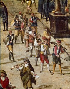 Sted for domstolen i Vicaria i Napoli på tidspunktet for Masaniellos revolution. Kriminelle er dommere før indgangen - Detalje, der viser en gruppe dømte lænket om halsen - Maleri af Ascanio Luciani (ca. 1621-1706) Napoli, Museo Nazional af Ascanio Luciani