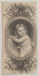 Seddelmotiv: et barneportræt og to mønstrede ovaler omgivet af et blomstret f..., ca. 1824-37.