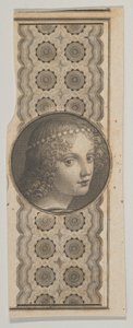 Seddelmotiv med et pigehoved afledt af Leonardo da Vinci mod et mønster..., ca. 1824-37.