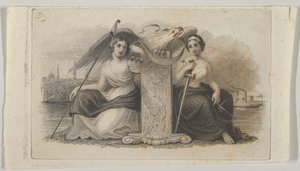 Seddelvignet med kvindefigurer, der repræsenterer Frihed og Retfærdighed, ca. 1824-37.