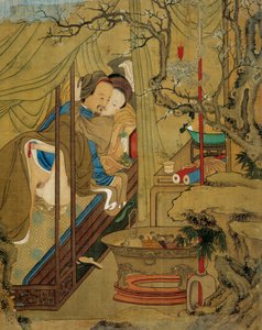 Asiatisk kunst: erotisk scene. Et par under kærlighedshandlingen i en seng. Maleri på silke fra 1700-tallet. Privat samling
