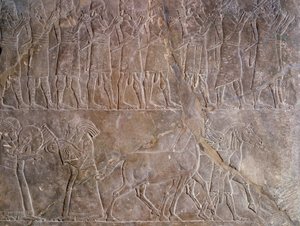 Orientalsk antikvitet: detalje af et basrelief i kalksten: musikerne fra Assurbanipals eller Ashurbanipals rustning, konge af Assyrien (Mesopotamien) (669 f.Kr.-627 f.Kr.). 640 f.Kr. Fra Nineve. Paris, Louvre-museet af Assyrian