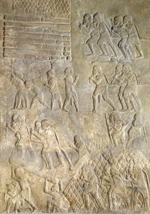 Relief forestillende portører, der bringer træ til kysten til søtransport. fra Palace of Sargon II, Khorsabad, Irak