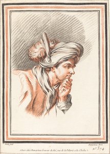 Hovedet af en mand iført en plymeret turban af Atelier of Gilles Demarteau the Elder after Carle Van Loo