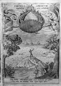 Archytas fra Taranto (435-347 f.Kr.) flyver med en trædue. Indgravering fra "Mundus Subterraneus" af Athanasius Kircher (1601-1680), jesuite, orientalist og lærd. af Athanasius Kircher