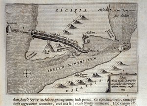 Kartografisk repræsentation af Charybde"" og "Scylla"" i Detroit of Messina, Sicilien""" Indgravering fra "Mundus Subterraneus"" af Athanasius Kircher (1601-1680), jesuite, orientalist og lærd 1682