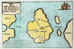 Kort over den legendariske ø Atlantis - fra Mundus Subterraneus af Athanase Kircher (eller Athanasius Kircheri)