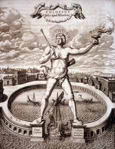 Kolossen af Rhodos (statue af Helios) ved indgangen til havnen. - i "Turris Babel"" af Athanasius Kircher (1601-1680), tysk orientalist og lærd