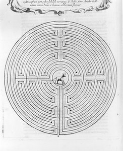 Labyrinten af Cnossos designet af Dedale - I midten er minotauren - "Turris Babel" af Athanase Kircher - Amsterdam af Athanasius Kircher