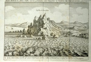 Udsigt over klipperne "" Charybde"" og "" Scylla"" i Detroit of Messina, Sicilien""" Gravering fra "" Mundus Subterraneus"" af Athanasius Kircher (1601-1680), jesuite, orientalist og lærd 1682 af Athanasius Kircher