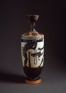 Græsk kunst: "" Herakles og Atlas"" Detalje af Herakles (Herkules) Lekythos (lecyth) hvid realiseret af maleren af Athena (450-400 f.Kr.). Athen, det nationale arkæologiske museum af Athena Painter (workshop of)