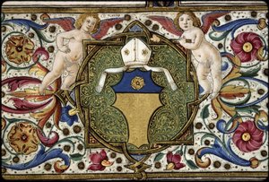 Missal af Thomas James: detalje af kommissærens våben, "Or, on a chief azure a rose Or".