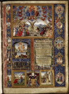 Missale af Thomas James: Den sidste dom, med vignetter, der viser scener fra lidelseshistorien og Jomfru Marias liv.