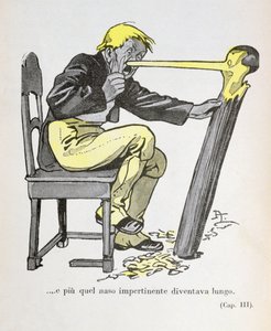 "Pinocchios næse begyndte at vokse, mens Gepetto fortsatte med at skære i hans figur", illustration fra "Pinocchio" af Carlo Collodi (1826-90) 1935 (farvelitografi)